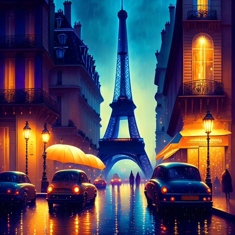 Rainy Parisian Street Night Scene with Eiffel Tower, Street Lamps, Cars, and