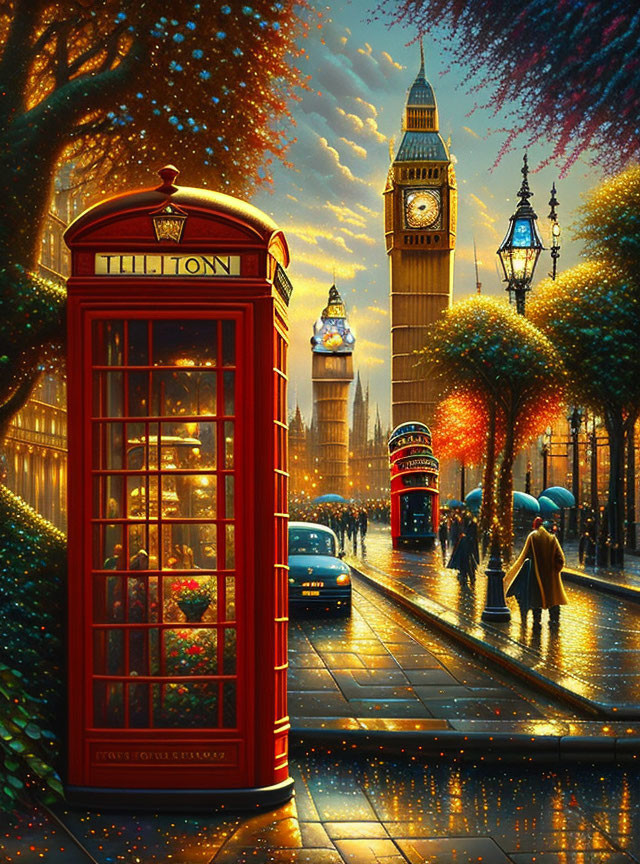 London street at dusk with red telephone box, Big Ben, and illuminated trees.