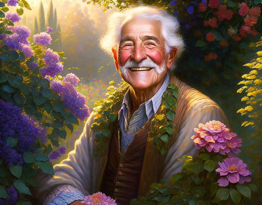 Elderly man with white hair and mustache in sunlit garden with flowers