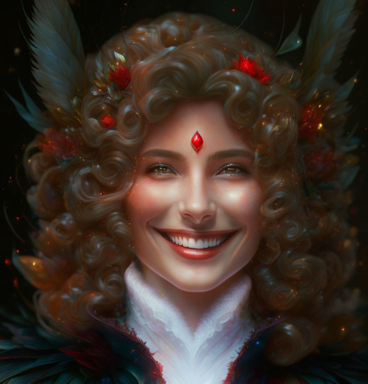 Digital artwork of smiling woman with curly hair, feathers, red blossoms, and gem.