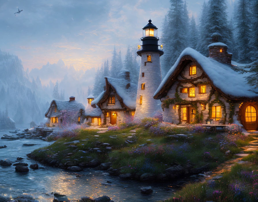 Snow-covered cottage with lighthouse in serene winter scene