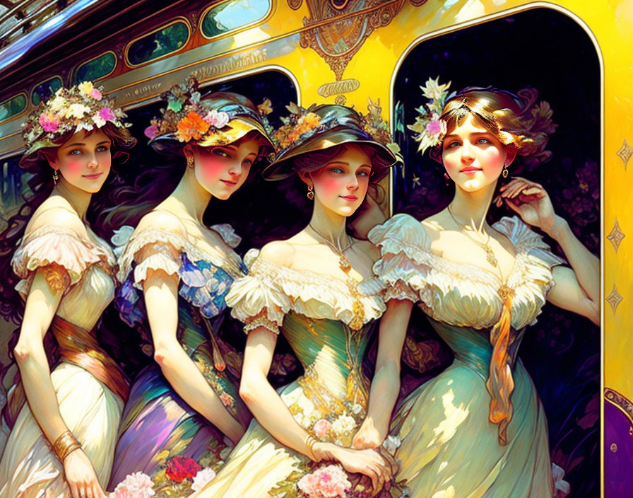 Vintage Dresses: Four Women with Floral Hats by Yellow Carriage