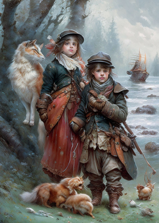 Vintage style painting of children, dog, and kittens by rocky shore gazing at ship