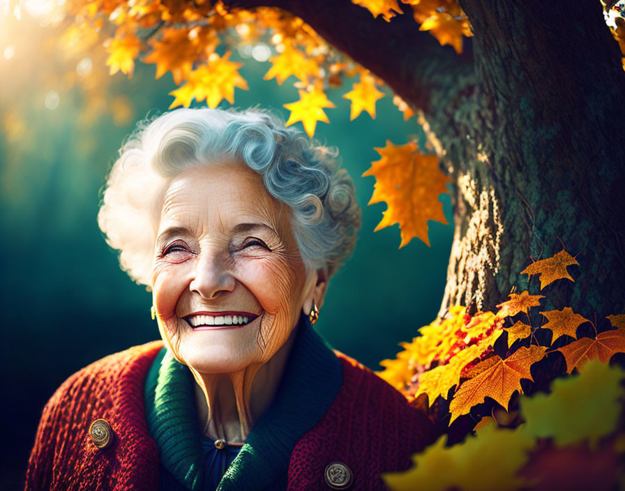 Elderly Woman Smiling Under Autumn Tree