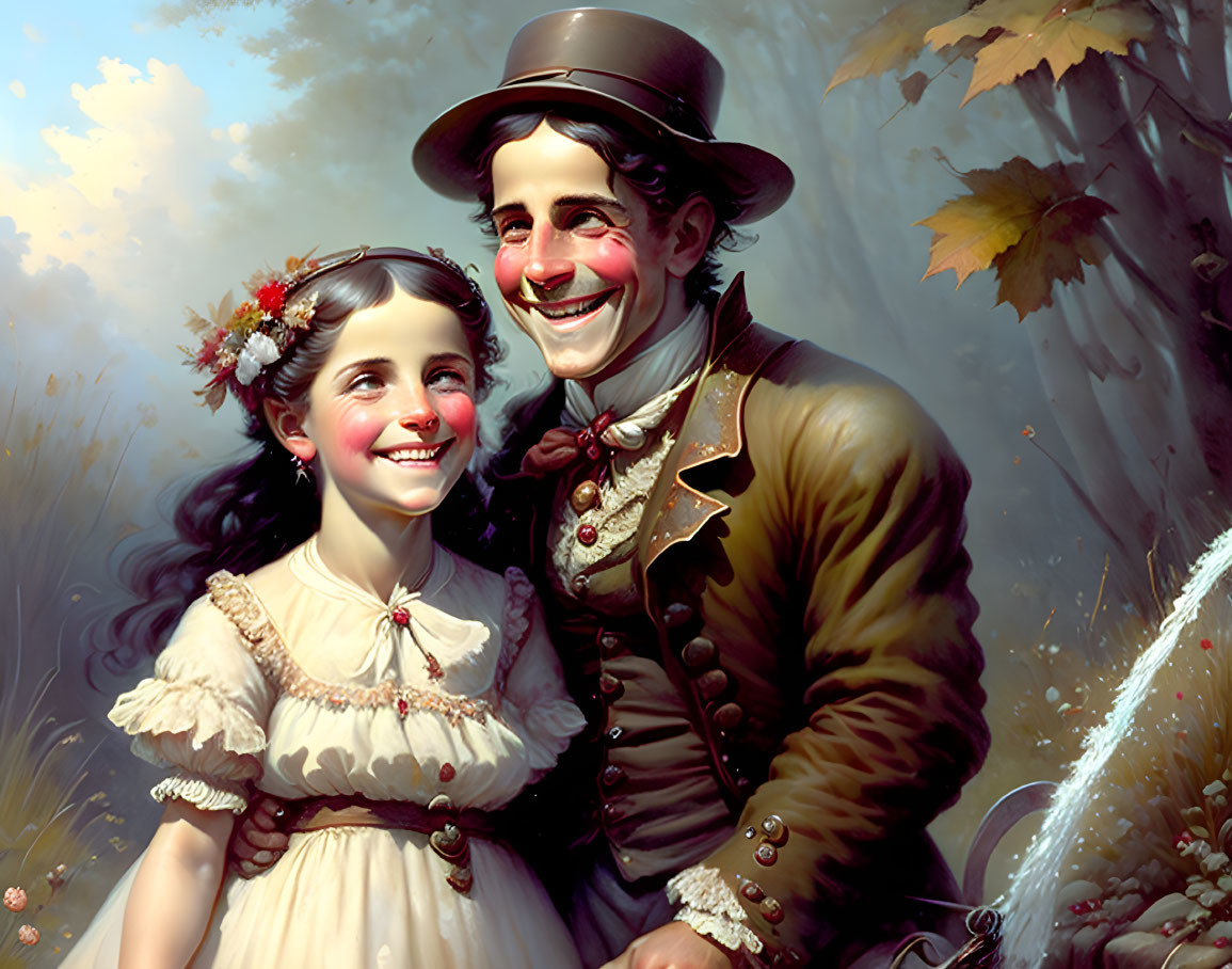 Smiling man and girl in historical attire against autumn backdrop