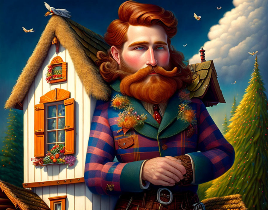 Fantasy-themed illustration of man with large beard in rustic setting