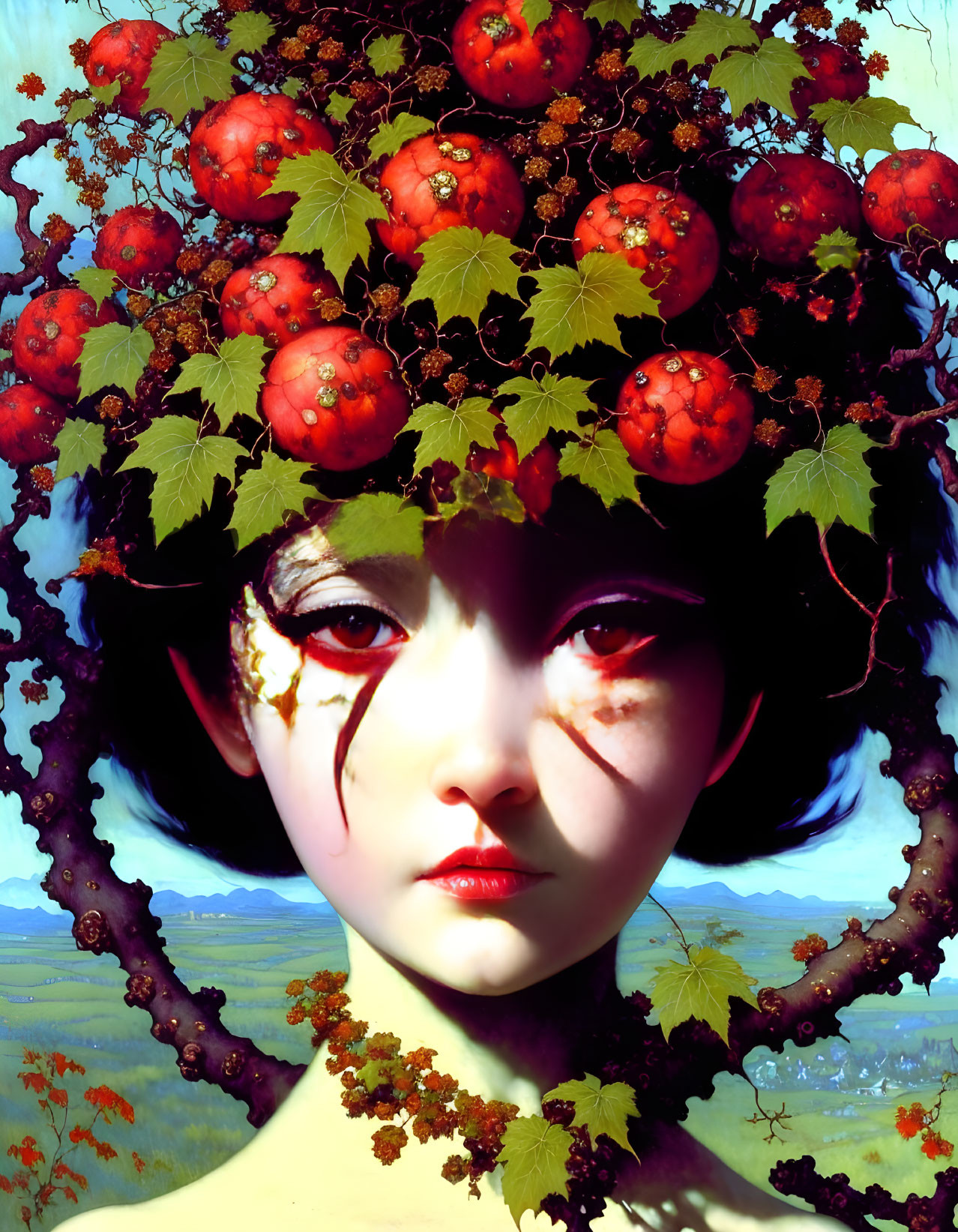 Surreal portrait featuring person with fruit-adorned head in pastoral landscape