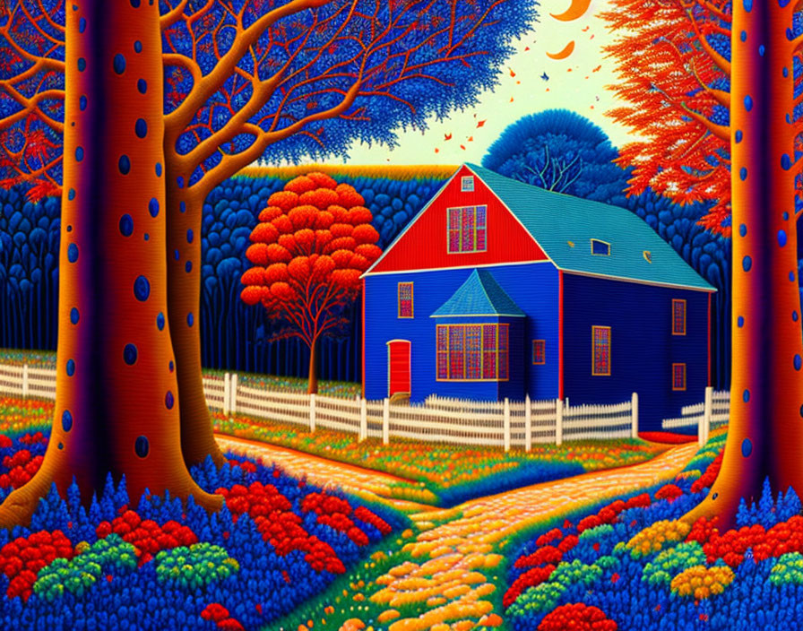 Colorful illustration: Quaint blue and red house with lush trees