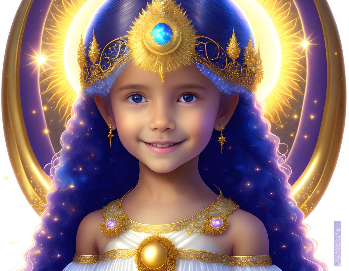 Young girl in celestial-themed costume with golden tiara and radiant smile