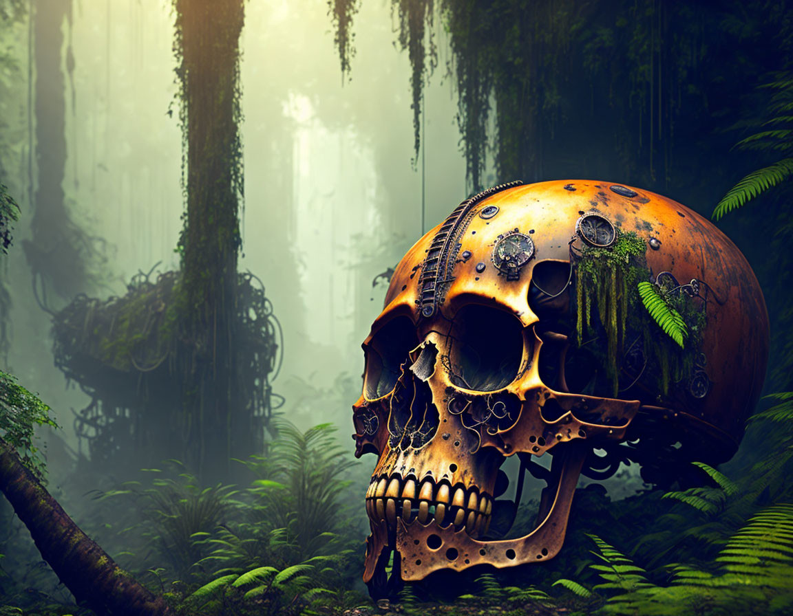 Rusty skull with moss and gears in misty forest landscape