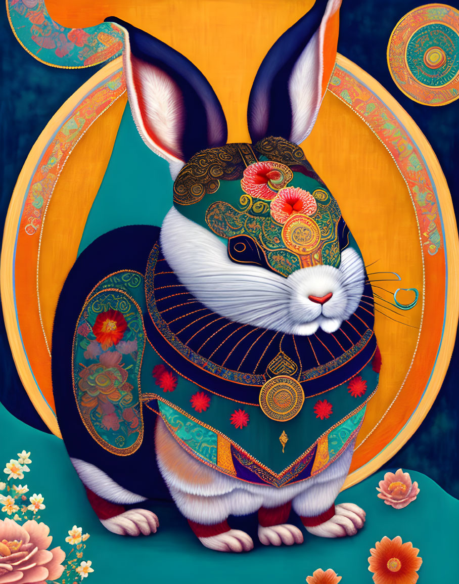 Colorful Rabbit Illustration with Eastern Motifs and Crescent Moon