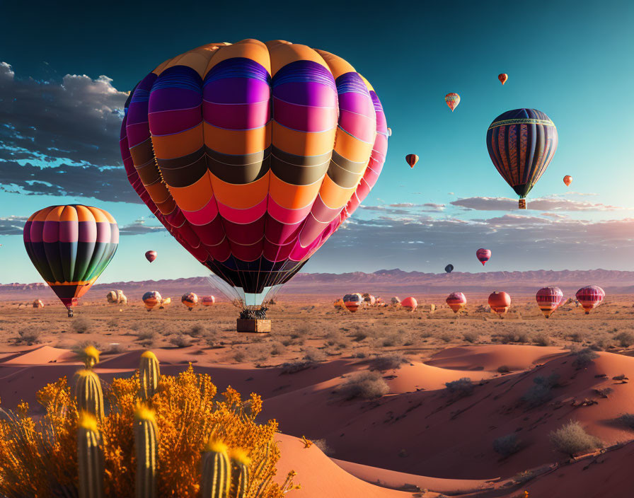 Vibrant hot air balloons above desert cacti and dunes