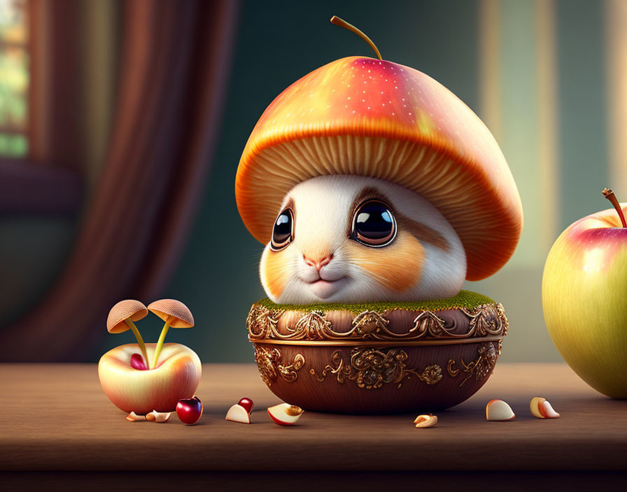 Adorable animated bunny in golden thimble with acorn cap and sliced apple