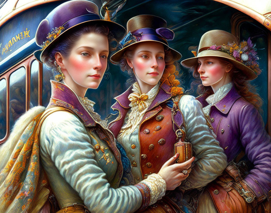 Three Victorian-era women in ornate dress with detailed hats in front of vintage train carriage