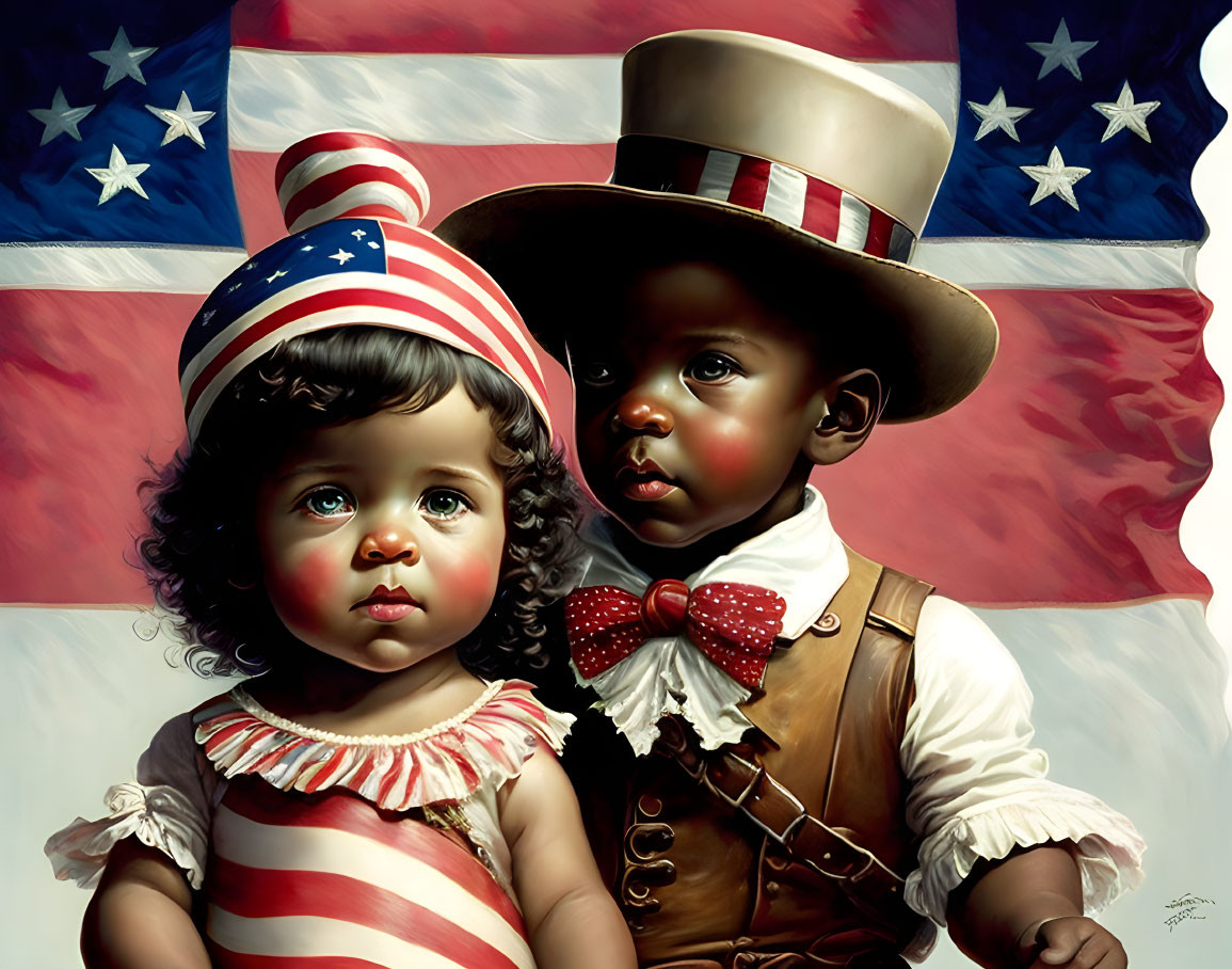 Young children in patriotic attire with American flag backdrop.