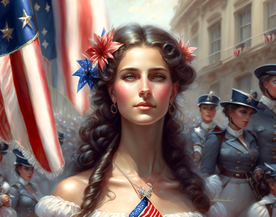 Digital painting of woman with patriotic American accessories and military figures, U.S. flag backdrop
