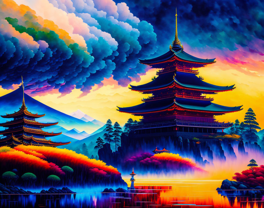 Colorful Pagoda Scene with Trees, Lake, and Purple Clouds