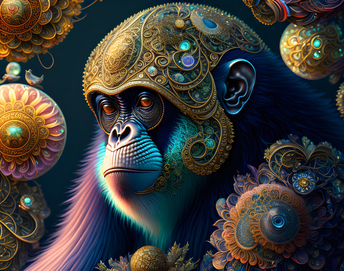 Digital artwork: Monkey with ornate jewel-encrusted headgear blending organic and mechanical elements