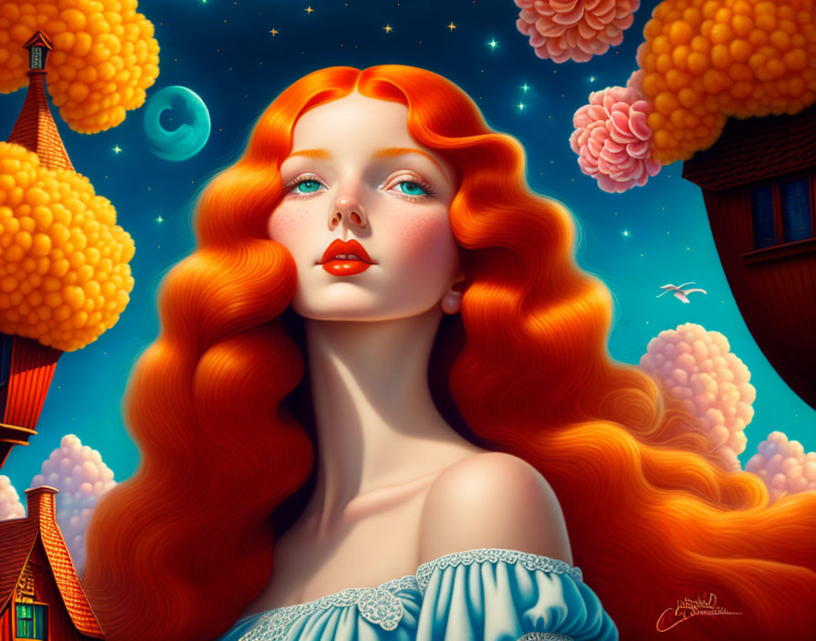 Vibrant Illustration: Red-Haired Woman in Fantasy Landscape