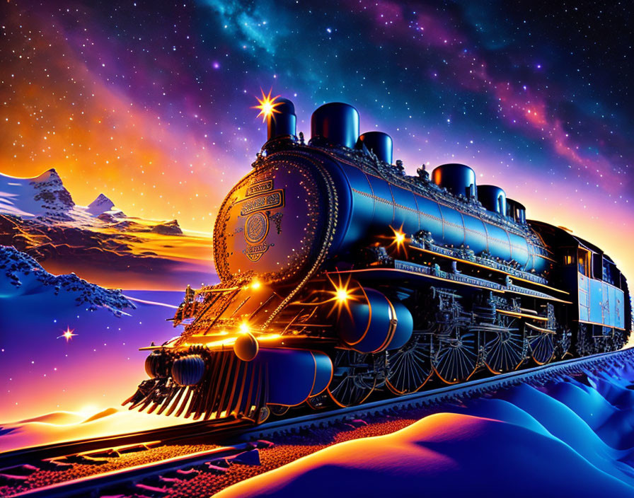 Colorful Steam Locomotive Night Scene with Snowy Mountains