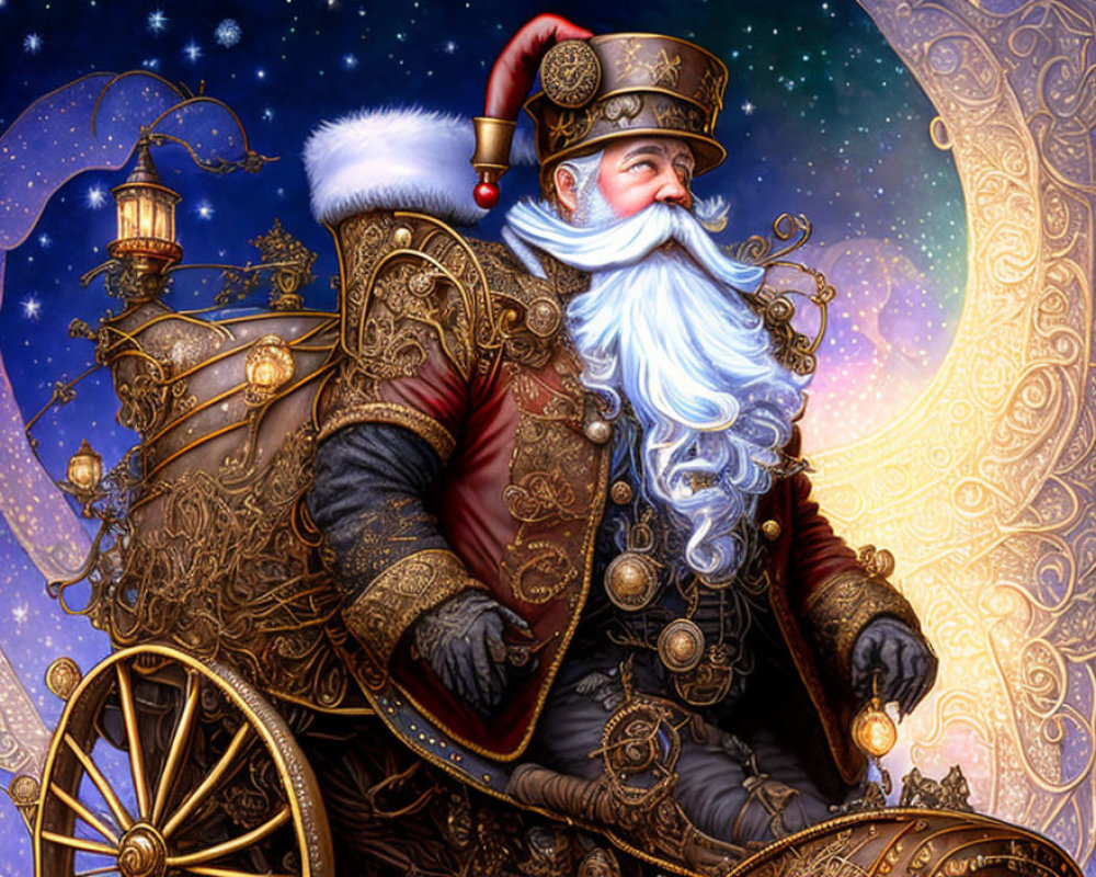 Illustrated Santa Claus in elaborate golden costume with magical backdrop and vintage sleigh