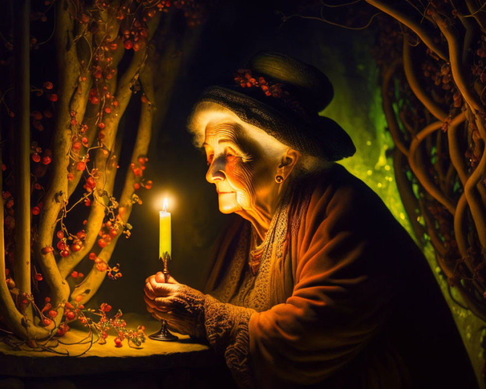 Elderly Person Surrounded by Vines and Berries in Candlelight