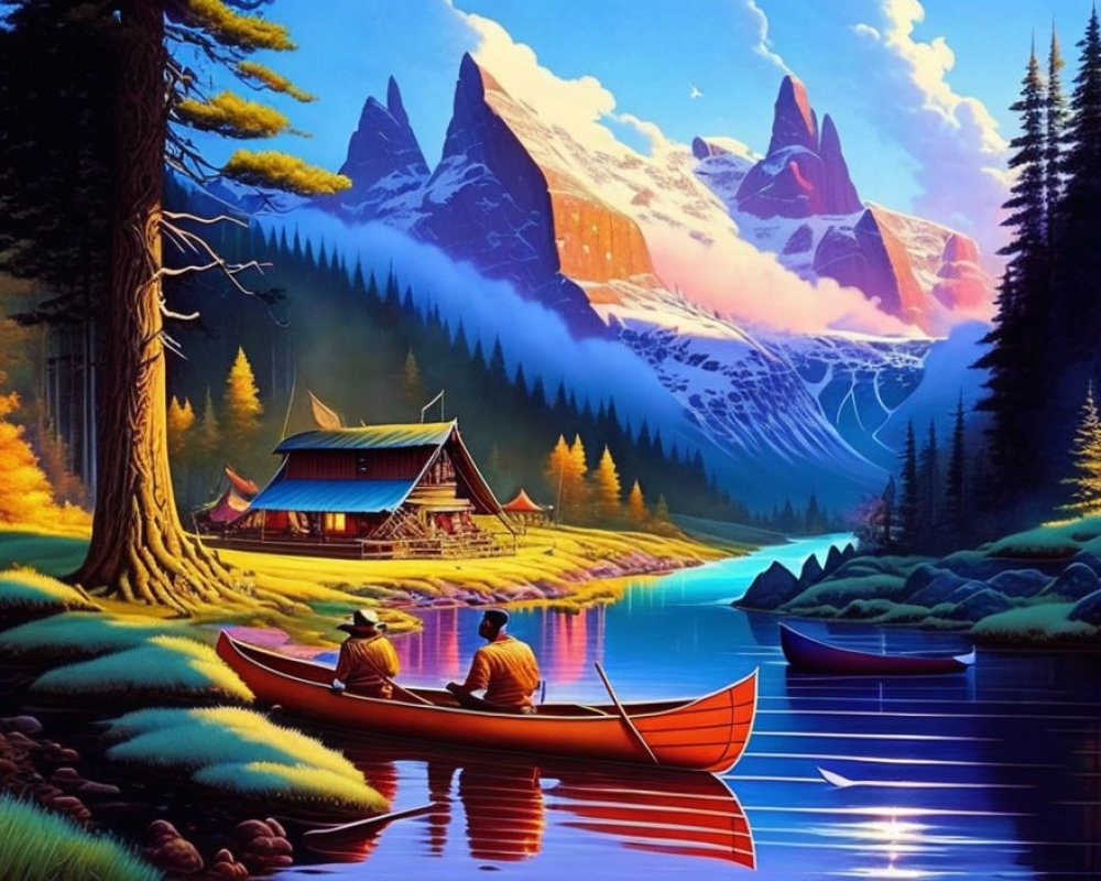 Canoeing on tranquil lake near cabin, mountains, forests under vibrant sky