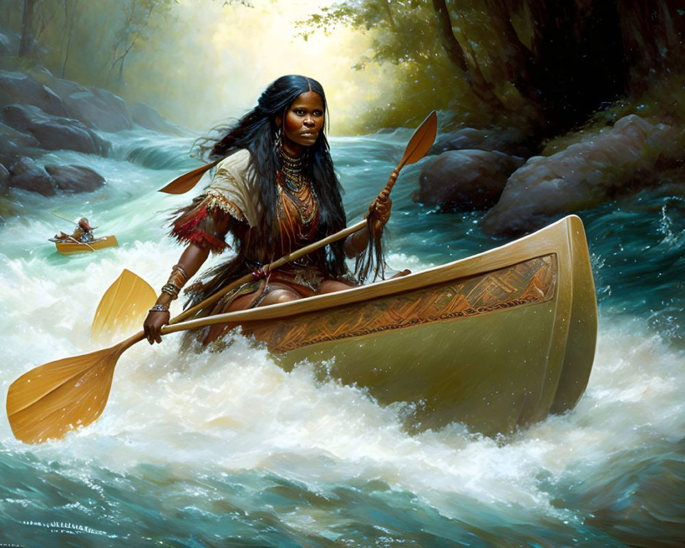 Woman navigating canoe in turbulent river with determined gaze.