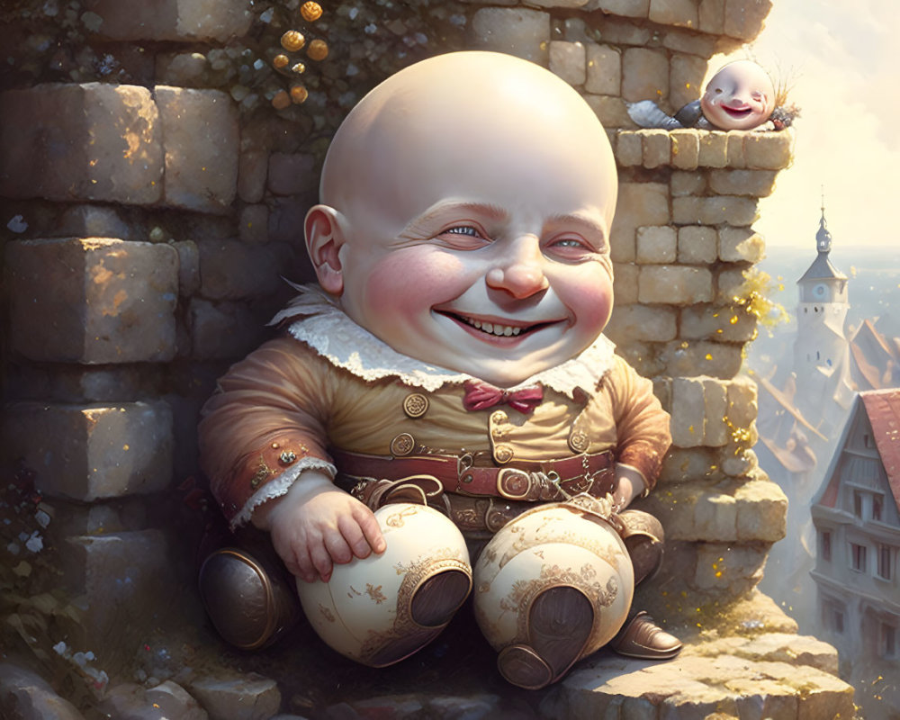 Oversized baby with map near stone wall, smaller baby peeking, fairytale scene