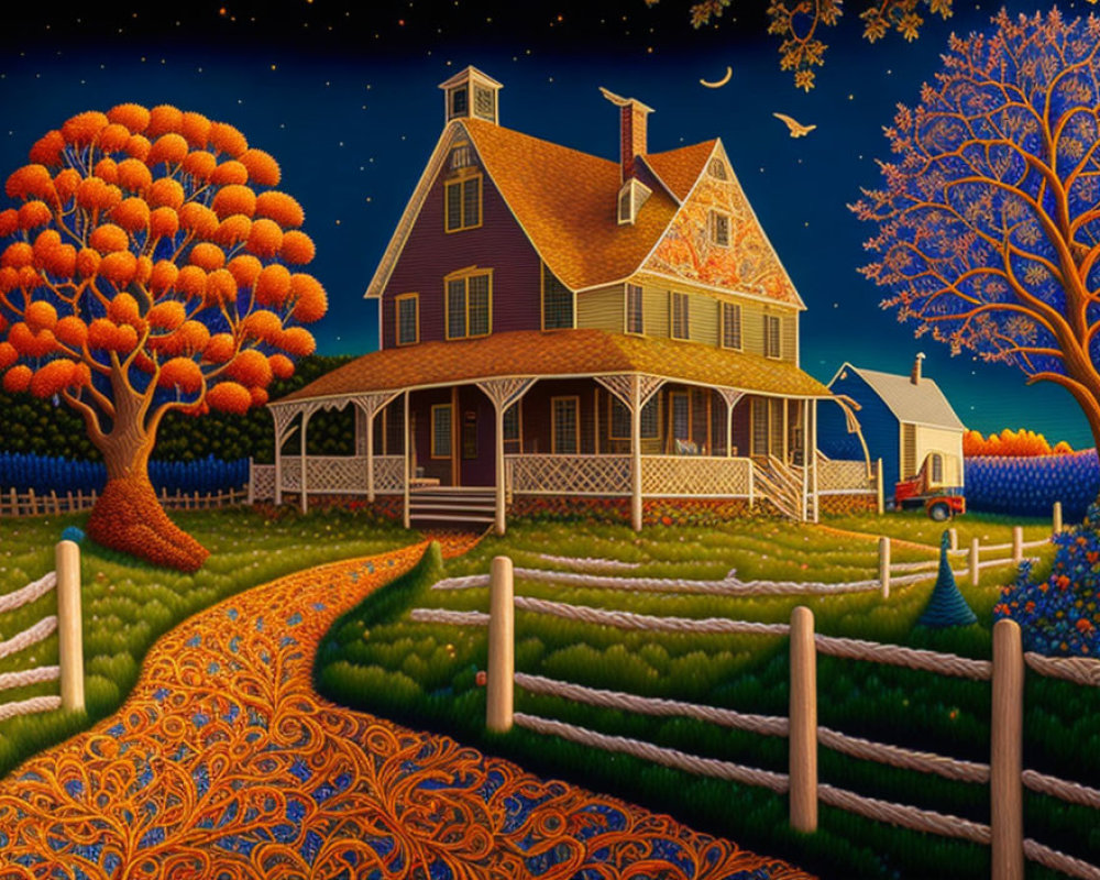 Colorful countryside scene with purple house, ornate trees, starry sky, crescent moon