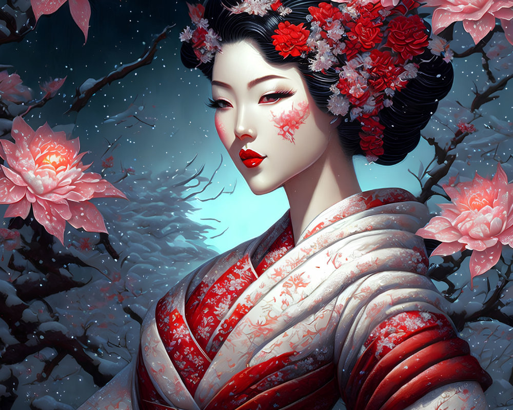 Digital artwork: Woman in Japanese attire with floral decorations, cherry blossoms backdrop.