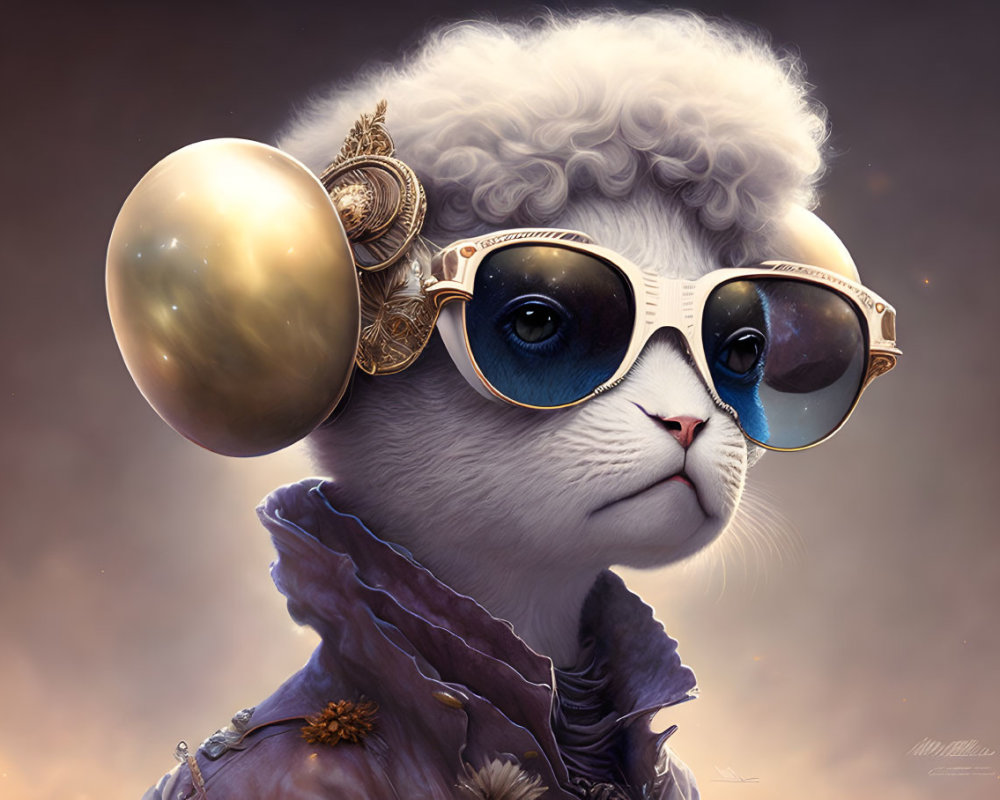 Stylized sheep with human-like eyes in aviator glasses and vintage headset