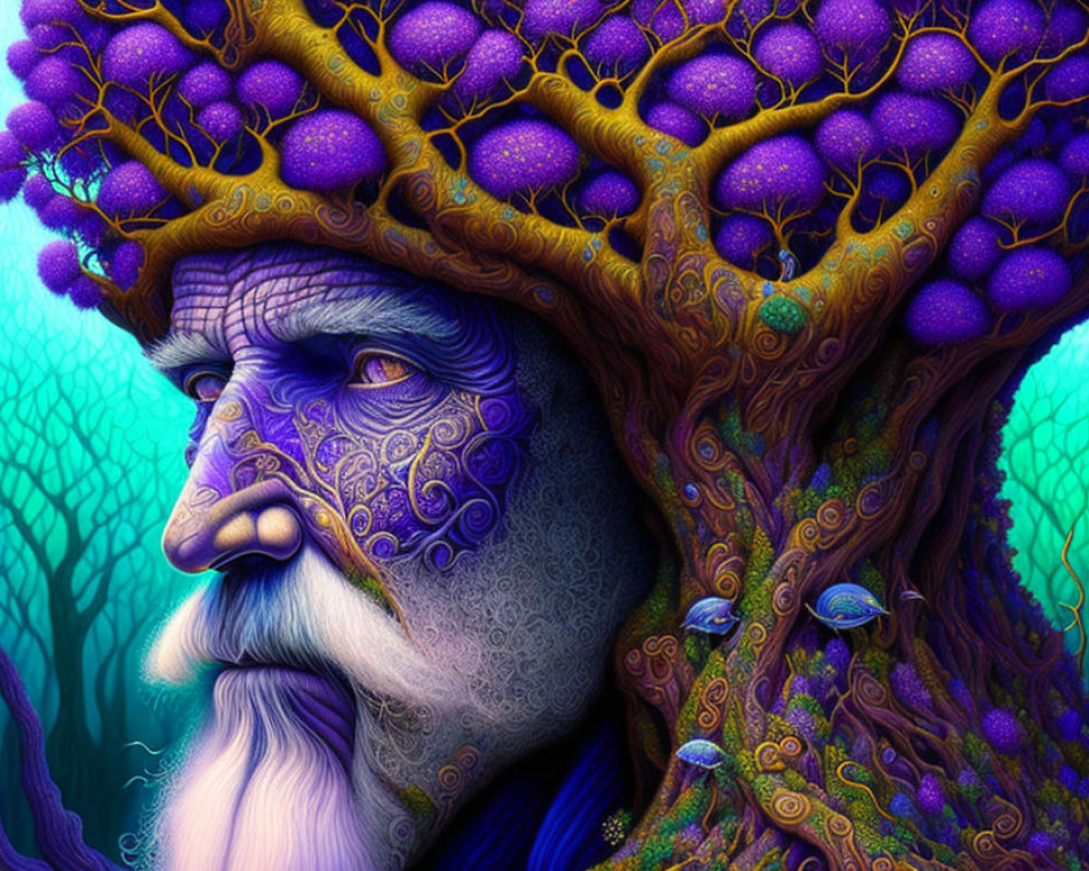 Man with tree-like features and vibrant purple-blue foliage in artistic depiction