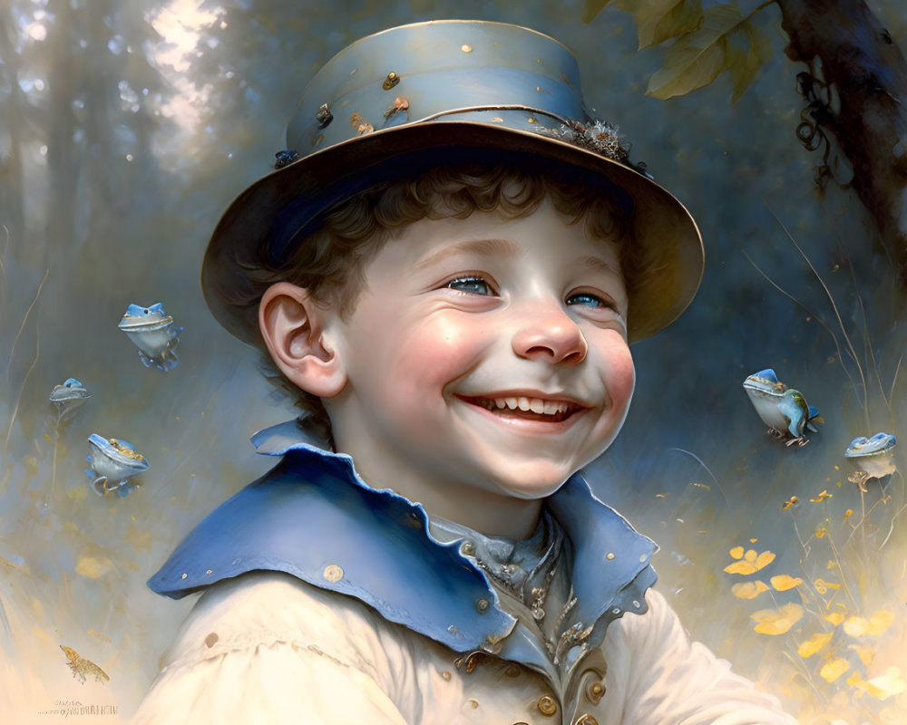 Boy in blue hat and cape with flying frogs in forest scene