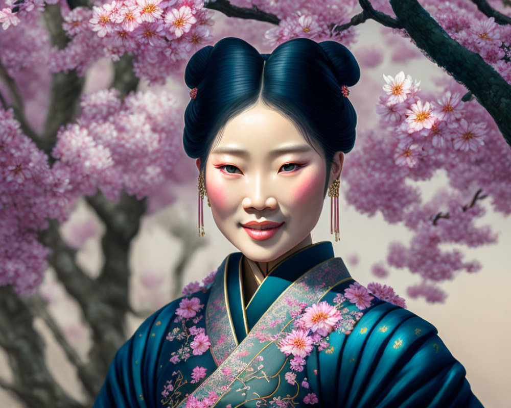 Woman in traditional attire with stylized hair amid blooming cherry blossoms