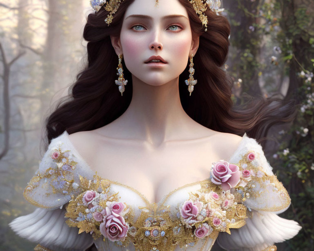 Digital portrait of woman in gold headpiece, white dress, roses, and forest backdrop