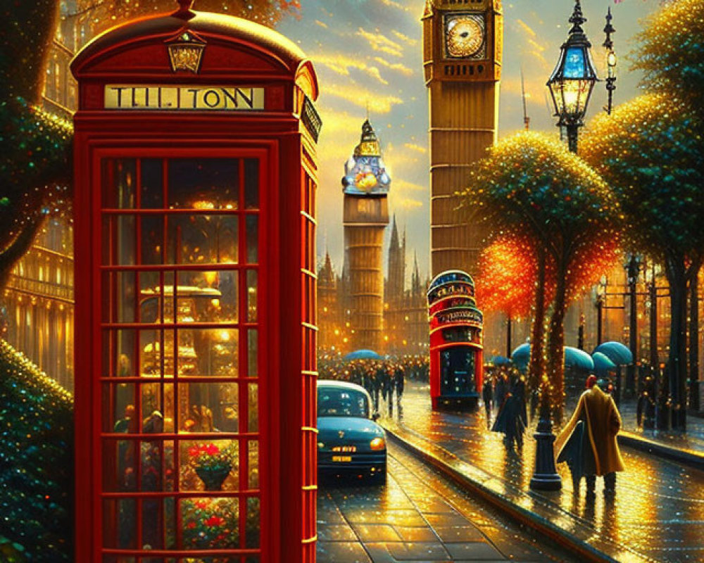 London street at dusk with red telephone box, Big Ben, and illuminated trees.