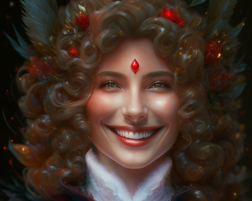 Digital artwork of smiling woman with curly hair, feathers, red blossoms, and gem.