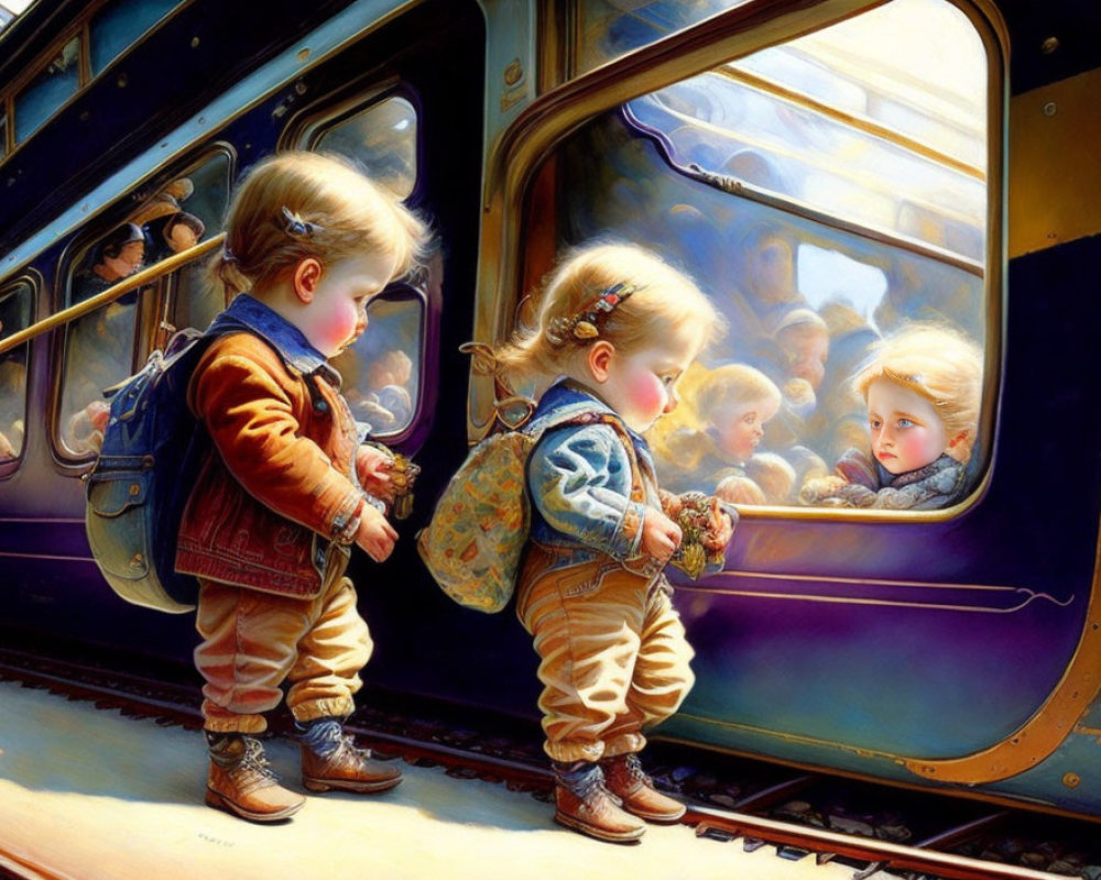 Children on train platform admire reflection in sunny window