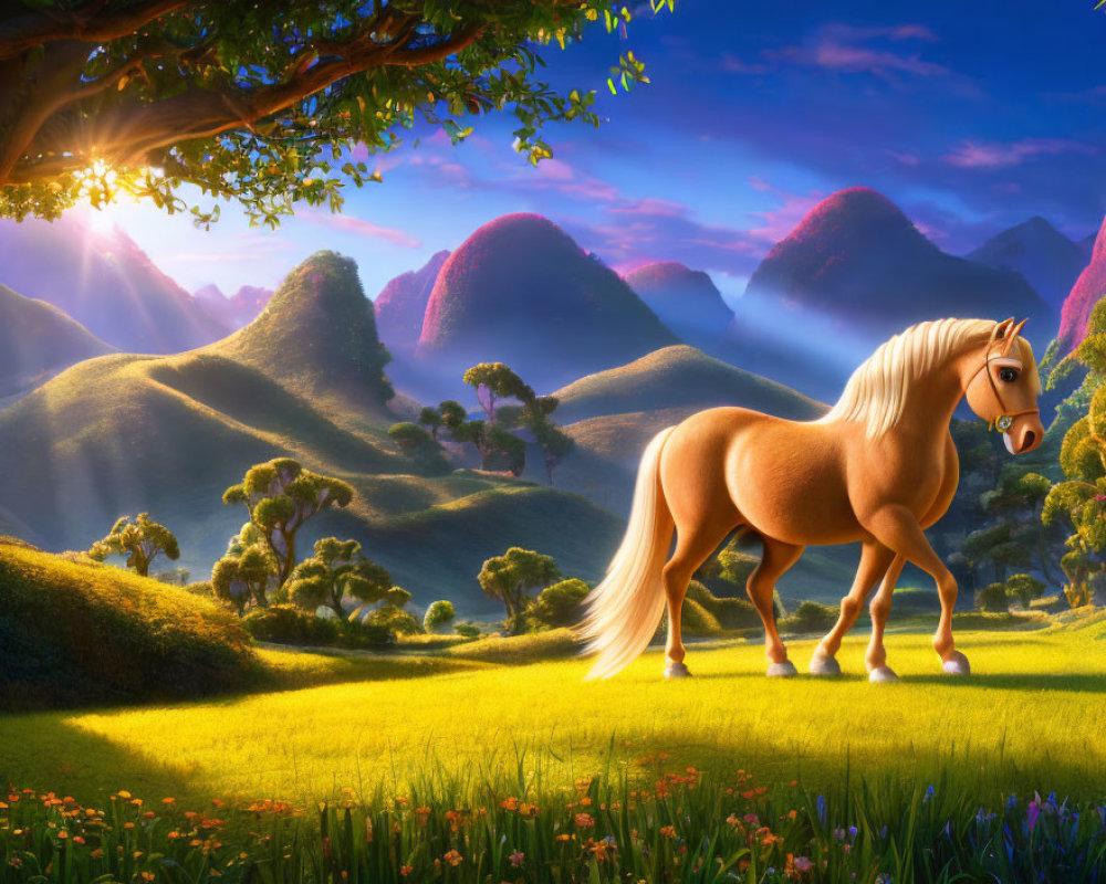 Palomino horse in vibrant fantasy valley with green hills and morning sun