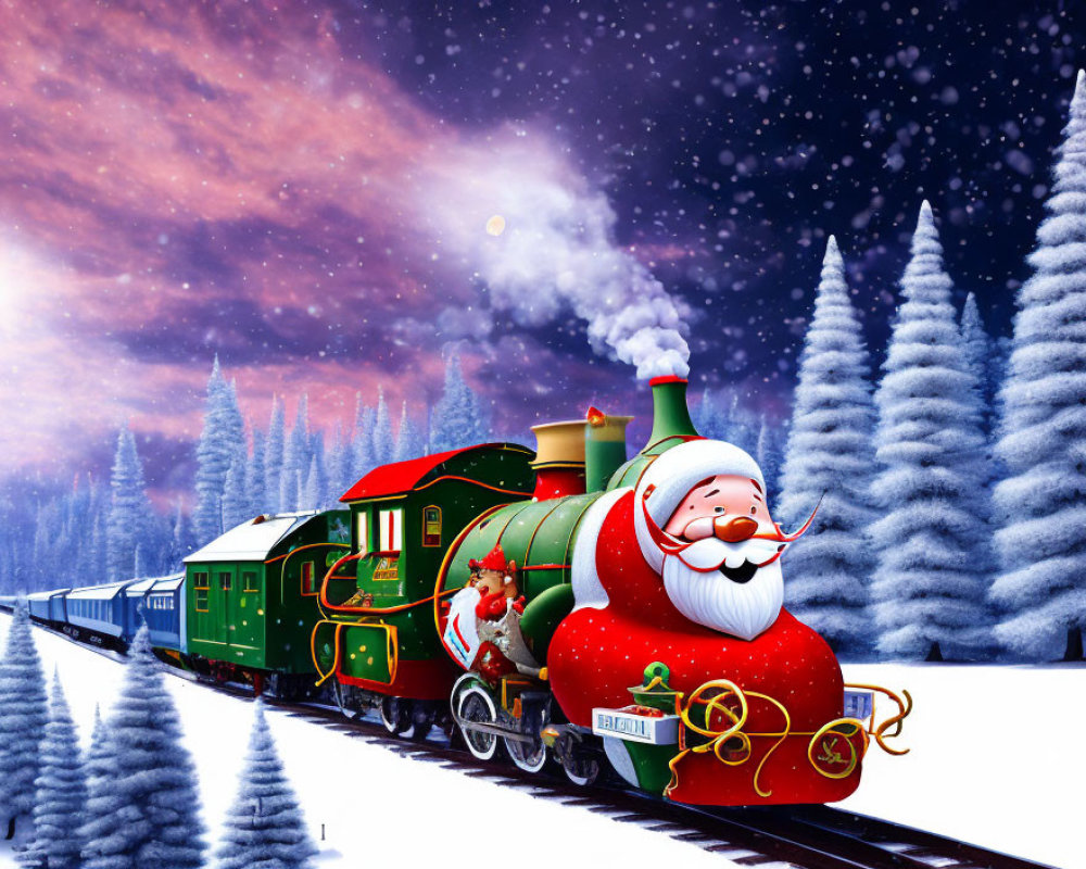 Illustration of Santa-themed train in snowy landscape