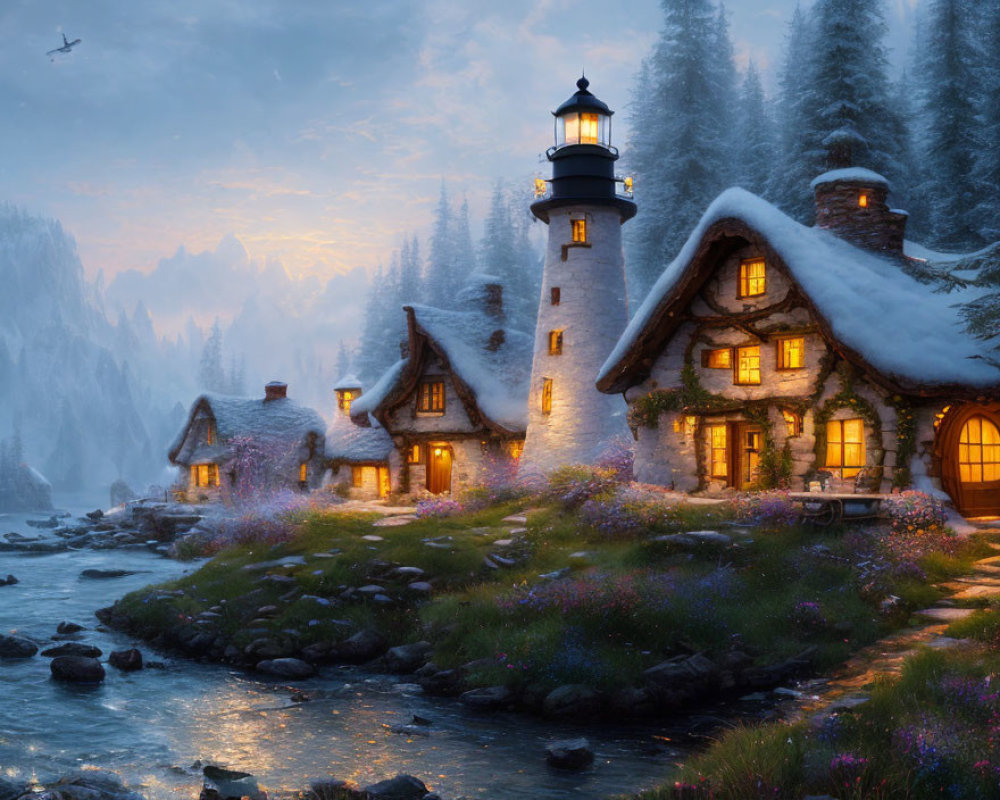 Snow-covered cottage with lighthouse in serene winter scene