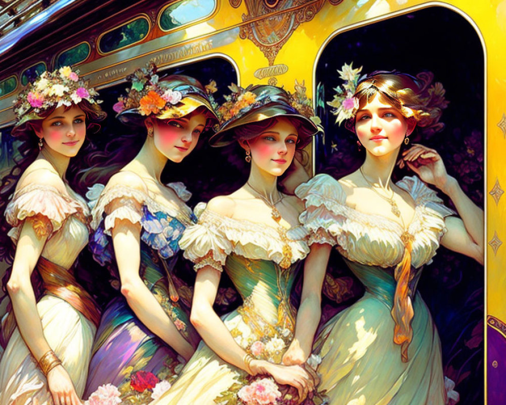 Vintage Dresses: Four Women with Floral Hats by Yellow Carriage