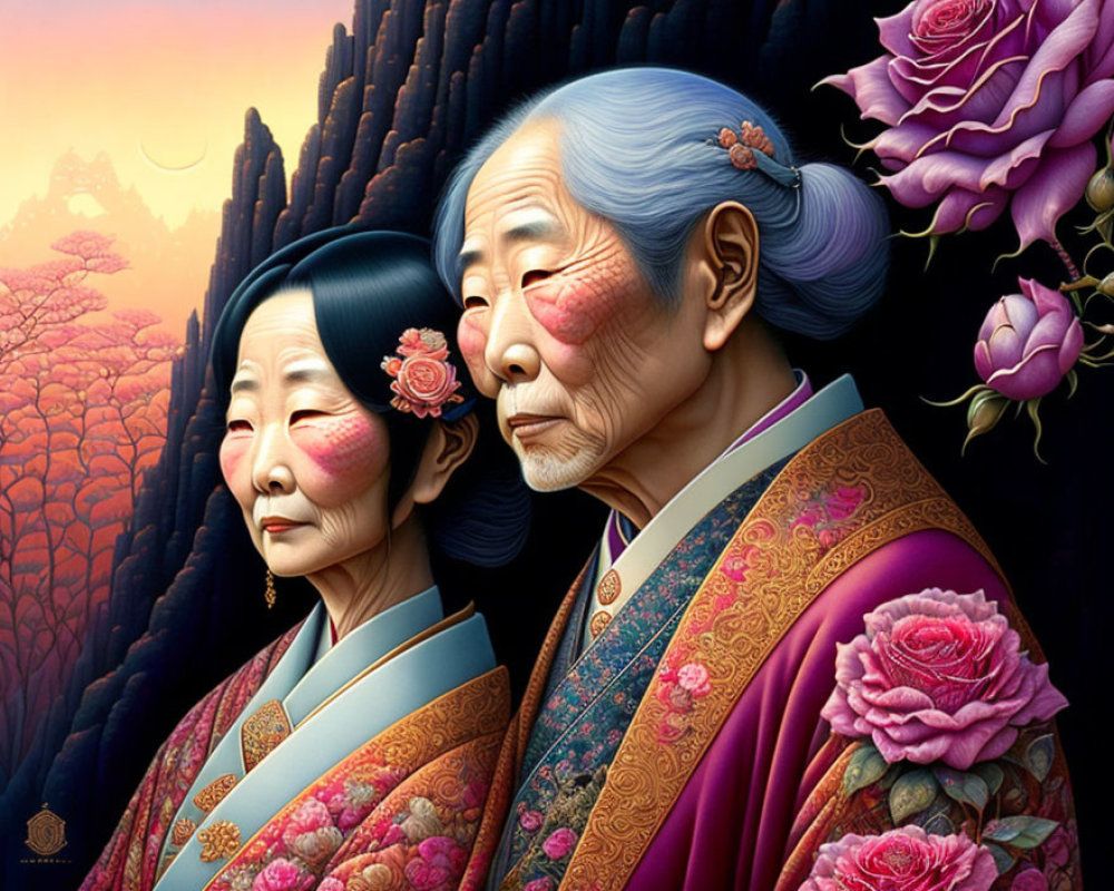 Elderly women in traditional attire with detailed embroidery in front of pink roses and sunset sky
