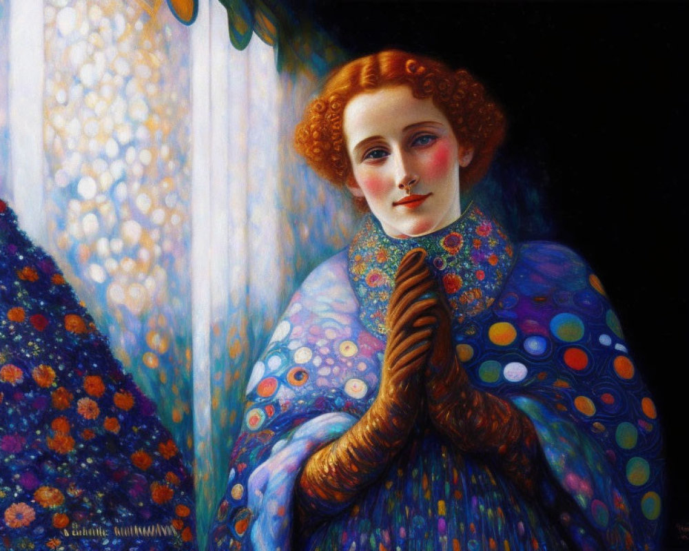 Portrait of Woman with Red Hair in Blue Floral Cloak