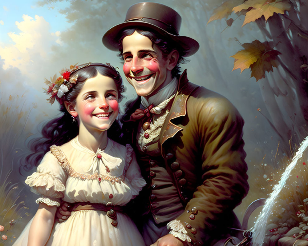 Smiling man and girl in historical attire against autumn backdrop