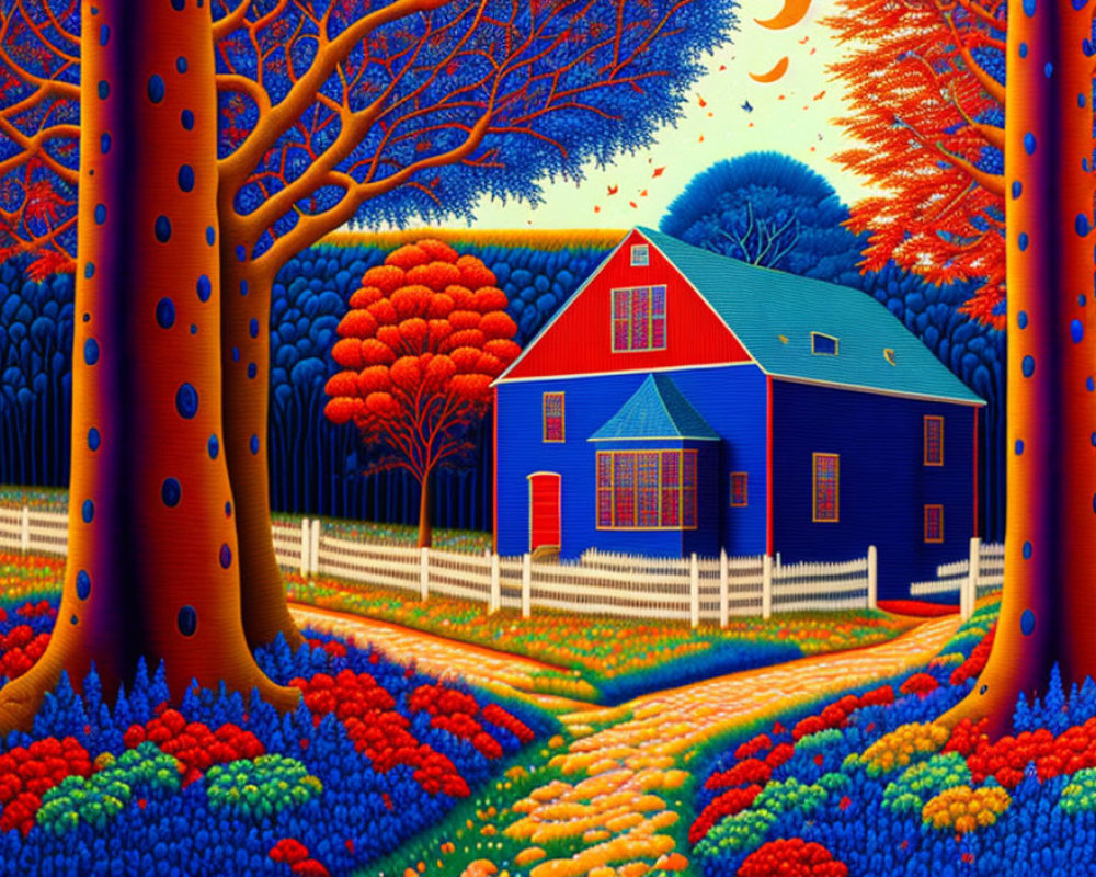 Colorful illustration: Quaint blue and red house with lush trees