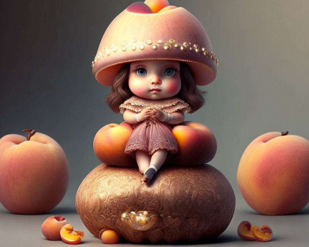 Whimsical doll with large eyes on ornate pumpkin surrounded by peaches