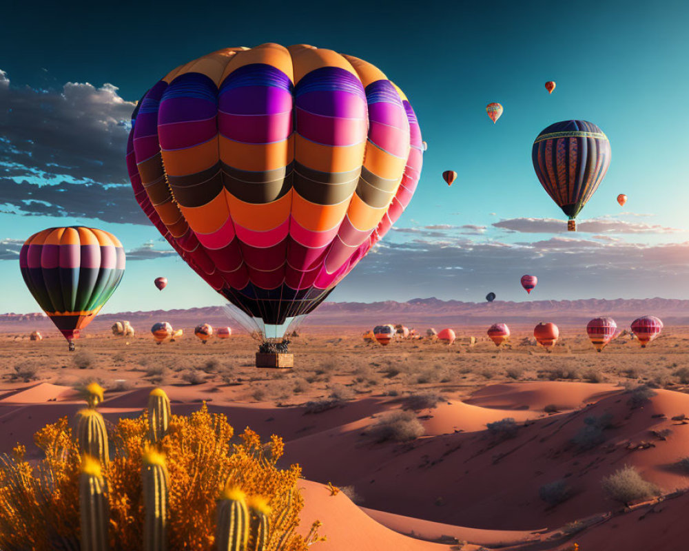 Vibrant hot air balloons above desert cacti and dunes