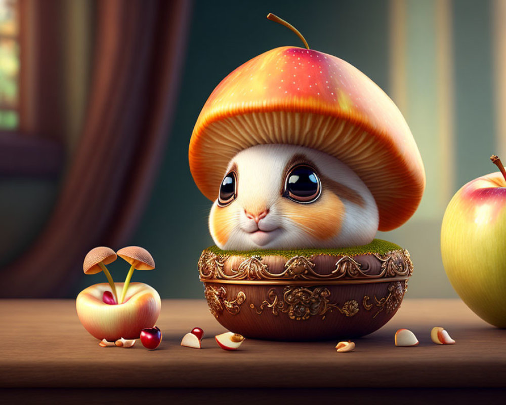 Adorable animated bunny in golden thimble with acorn cap and sliced apple